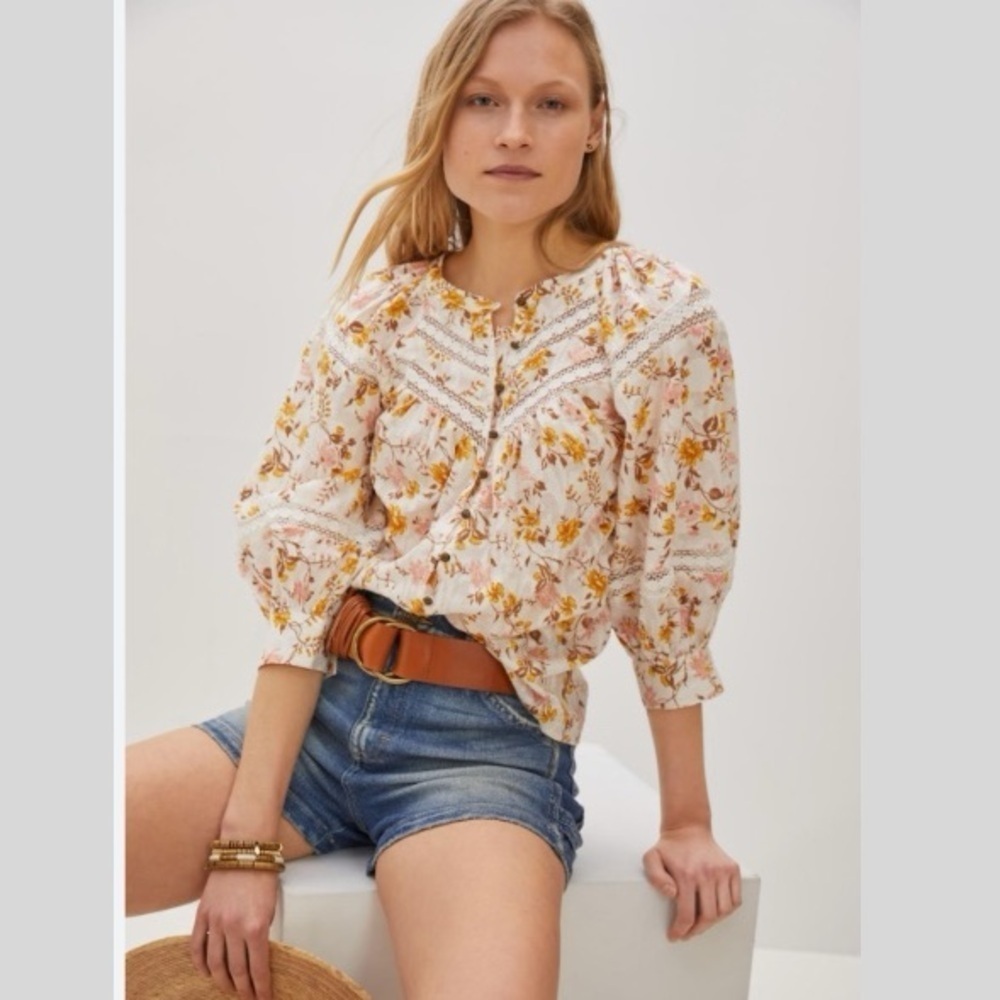 Floral Peasant Blouse in Cream with Yellow Bloom